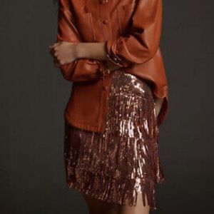 NWT Anthropology Maeve Fringed Sequined Mini Skirt in Blush Bronze